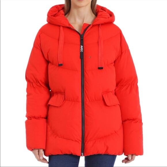 NWOT Women's Avec Les Filles Hooded Cozy Duvet Puffer in Red Poppy - Sz L - Picture 1 of 8